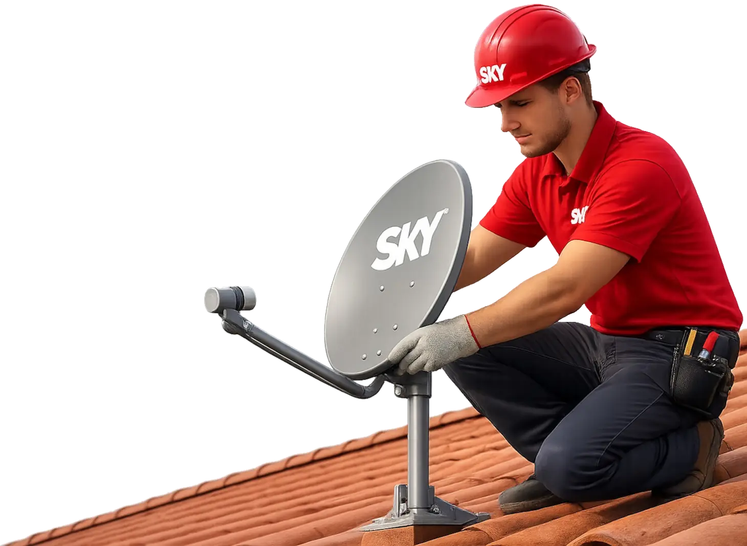 Instalador da SKY instalando antena no telhado